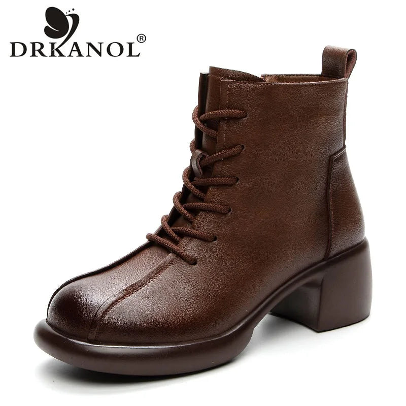 DRKANOL Women Thick Heel Ankle Boots Winter Plush Warm Casual Short Boots Ladies Real Cowhide Retro Style Zipper High Top Shoes