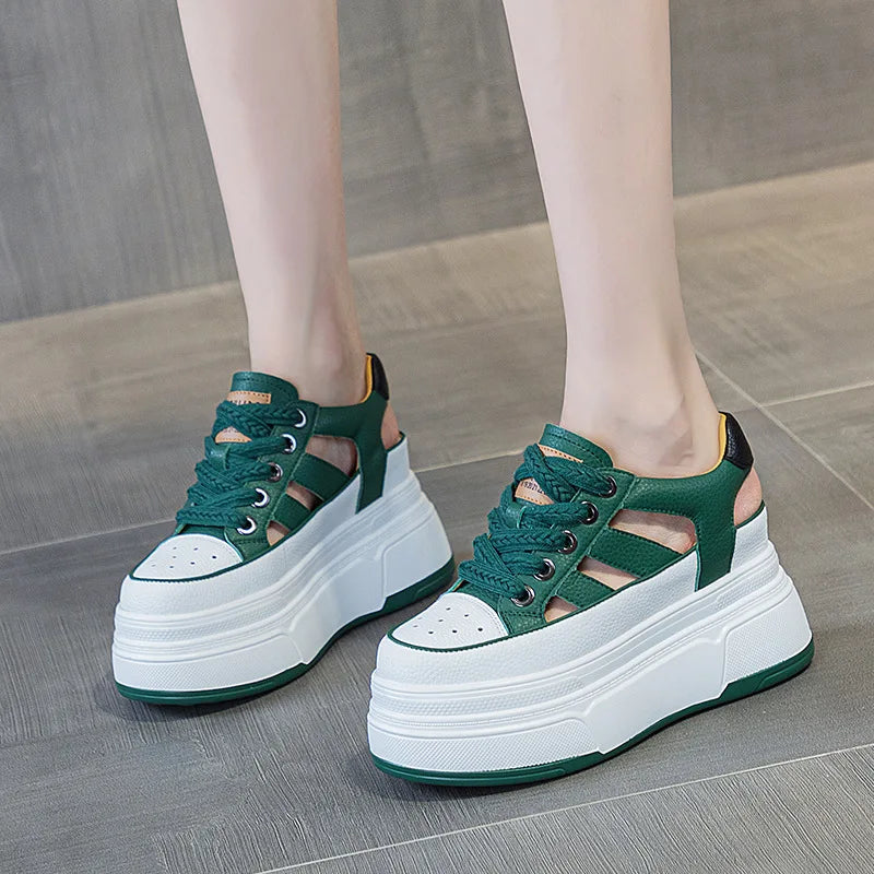 Autuspin Summer Sport Sandals Women Fashion Genuine Leather Hollow Out Vulcanized Shoes Ladies Rome Style High Platform Sneakers