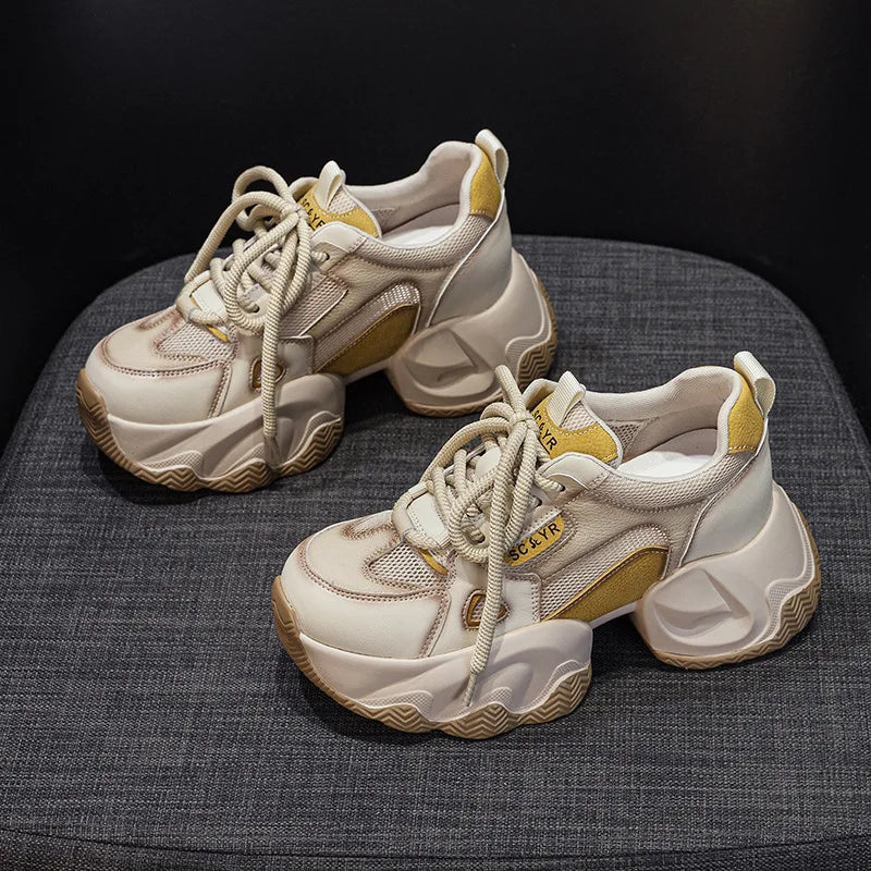 Fujin 7.5cm Air Mesh Microfiber Leather Flats Lace Up  Fashion Women Spring Platform Wedge Shoes Chunky Sneaker Vulcanize