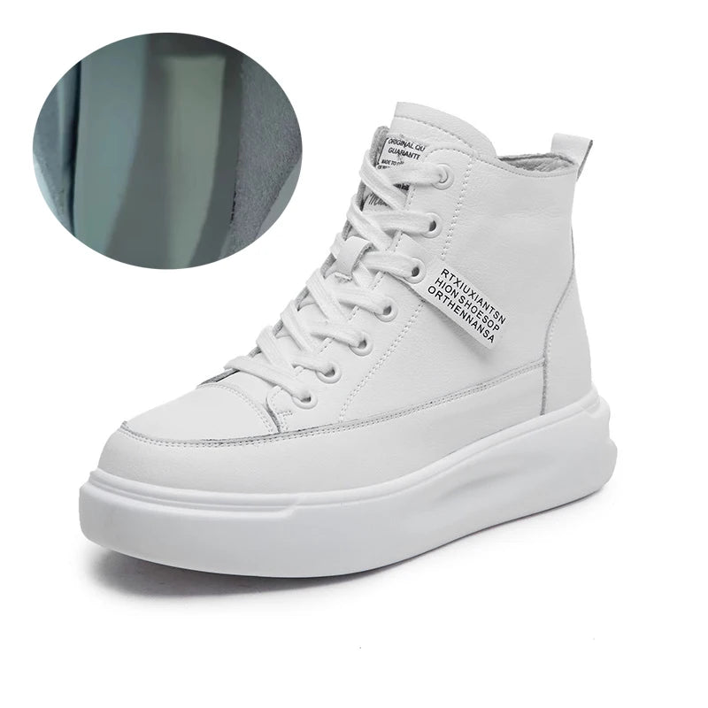 Fujin 5.5cm Genuine Leather Women Ankle Boots Platform Shoes High Top Sneakers White Spring Autumn Warm Fur Women Winter Shoes