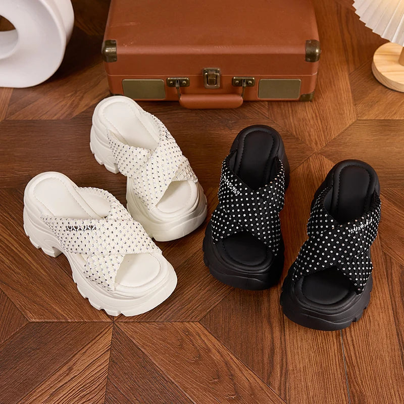 AUTUSPIN 7.5cm Fashion Slippers for Women Summer Rhinstones Shiny Slides Shoes Female Wedge Platform High Heels Thick Soled Shoe
