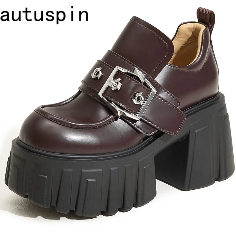 AUTUSPIN Winter Thick Platform High Heels Women Fashion Synthethic Microfiber Soft Leather Pumps Female Autumn Mary Janes Shoes