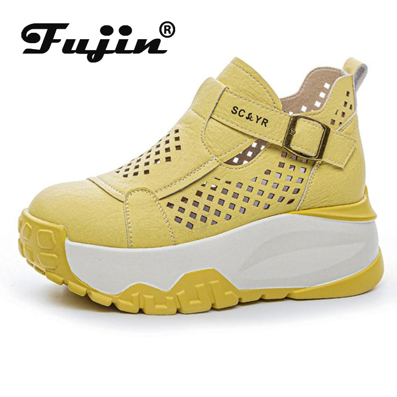 Fujin 7.5cm Microfiber Leather Ankle Boots Sandals Women Platform Wedge Fashion Summer Comfy Shoes Hollow Chunky Sneaker Lace Up