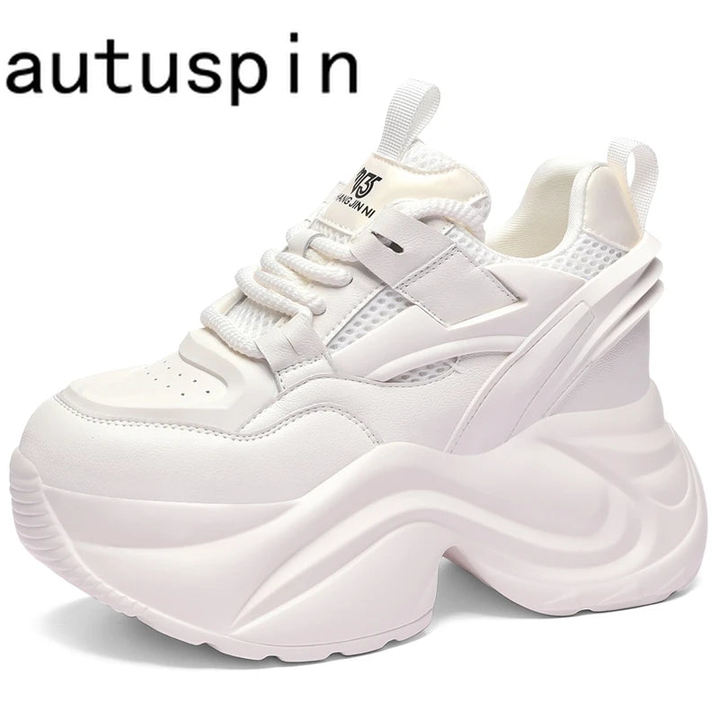 AUTUSPIN 8cm High Platform Shoes for Women 2024 Spring Summer Fashion Microfiber Leather Patchwork Ladies Casual Sneakers Woman