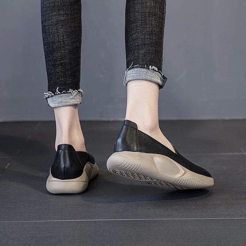 DRKANOL Women Slip On Loafers Solid Color Genuine Leather Shallow Flat Platform Shoes Spring Summer Lightweight Single Shoes