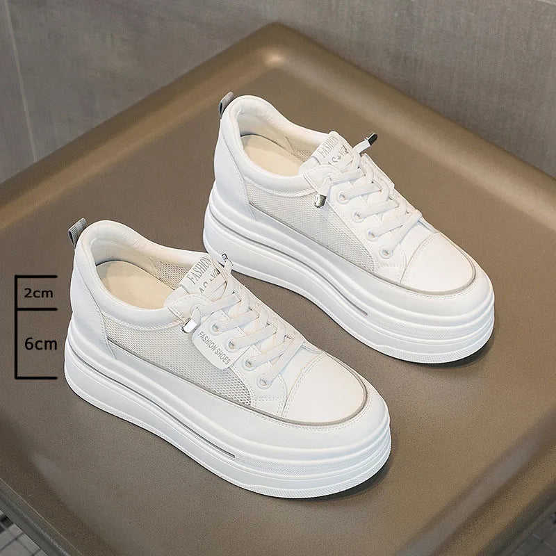 Fujin 8.5 Cm Mesh Genuine Leather Platform Shoes Wedge Sneakers for Women Summer Shoes White Flats Sandals Slippers Slides