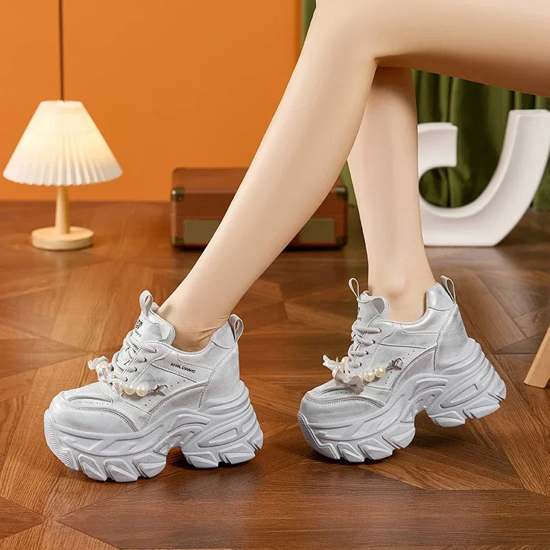 AUTUSPIN High Platform Chunky Shoes 2025 Women Fashion Beads Chains Decoration Sneakers Korean Style Female Vulcanized Shoes