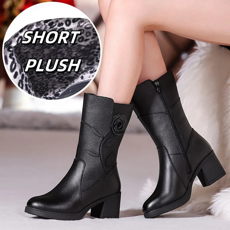 WOIZGIC Women's Female Ladies Mother Genuine Leather Mid Calf Boots Shoes Warm Fur Plush Winter Zipper Flower Commute Non-Slip