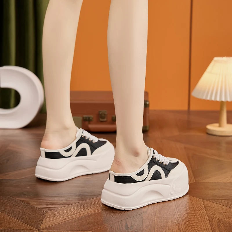 AUTUSPIN 6cm Platform Flats Sneakers for Women Summer Round Toe Slippers Fashion Wide Toe Leather Ladies Slides Shoes Lace-up