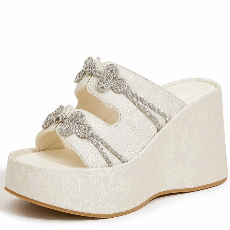 AUTUSPIN 10cm Wedges Heels Women Summer Sandals Ethnic Style Peep Toe Mules Shoes Female Party Wedding Dress Platform High Heel