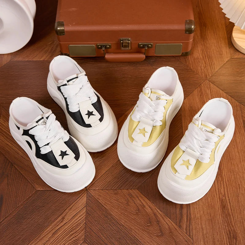 AUTUSPIN 6cm Platform Flats Sneakers for Women Summer Round Toe Slippers Fashion Wide Toe Leather Ladies Slides Shoes Lace-up