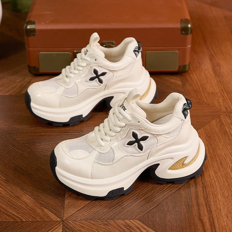 AUTUSPIN 7cm Popular Thick Soled Shoes for Women Fashion Breathable Mesh Leisure White Shoes Platform Chunky Casual Sneakers