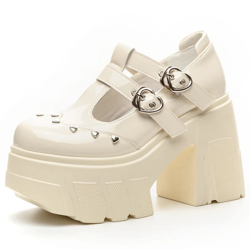AUTUSPIN Metal Love Decoration Women Pumps High Platform Punk Woman Shoes Summer Round Toe 11cm Block Heels Party Wedding Shoes