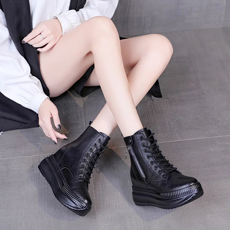 DRKANOL Height Increasing Ankle Boots For Women Real Cowhide Chunky Platform Casual Short Boots Autumn Winter Warm Shoes Black