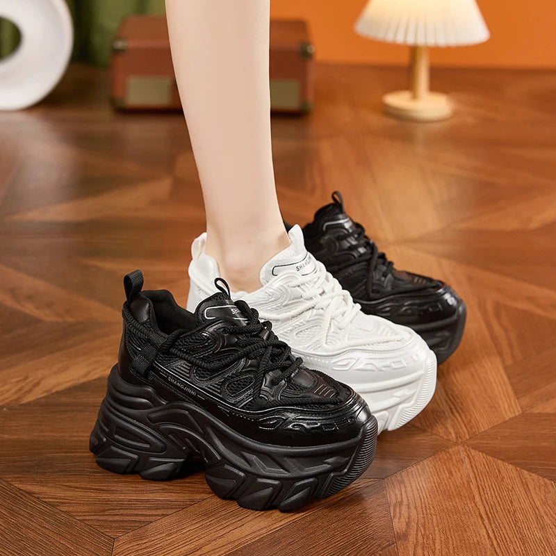 AUTUSPIN White Thick Bottom Women Shoes 2025 Spring Summer Breathable Mesh Splicing Leather Sneakers Female Outdoor INS Popular