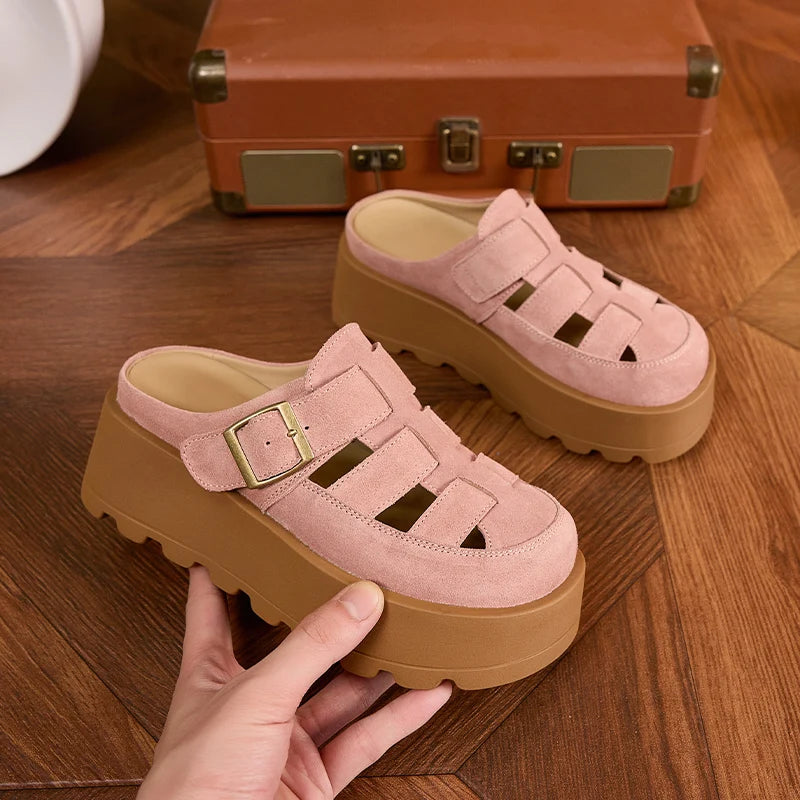 AUTUSPIN Retro Pink Mules Shoes Women Summer Hollow Out Suede Leather Ladies Slippers Wide Toe Casual Platform Slides Shoes 2025