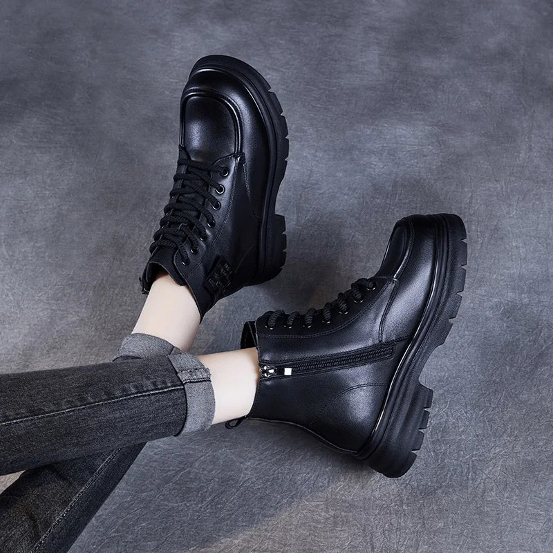 DRKANOL 2025 British Style Women Genuine Cow Leather Ankle Boots Autumn Winter Warm Thick Heel Platform Retro Casual Short Boots