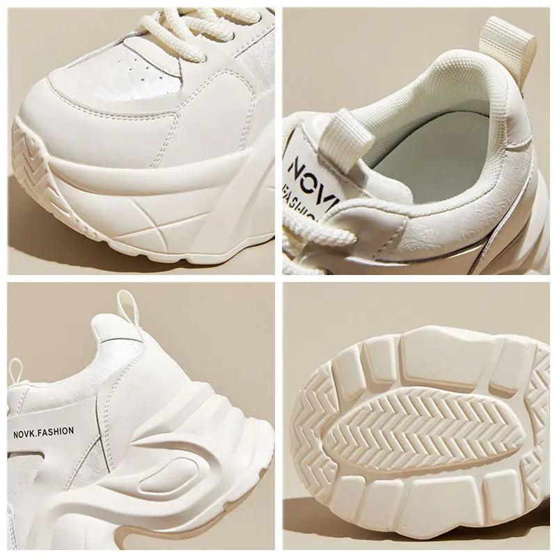 Fujin 9cm Genuine Leather Women Casual Shoes Chunky Sneakers Skateboard Vulcanize Lady Comfy White Platform Wedge Hidden Heel