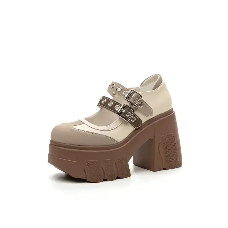 Fujin 11cm Synthetic Patent Genuine Leather Chunky Heels Pumps Summer Ankle Boots Mary Jane Chunky Heels Buckle Platform Shoes