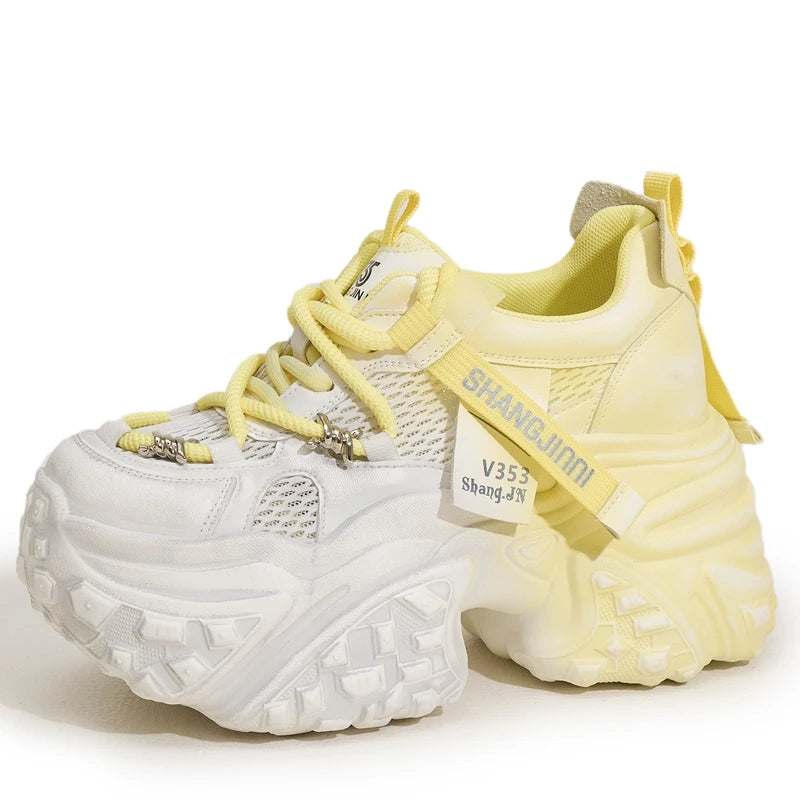 AUTUSPIN Women Shoes Mixed Colors Ladies Chunky Leisure Sneakers Summer Breathable Mesh Synthetic Leather Sports Shoes Popular