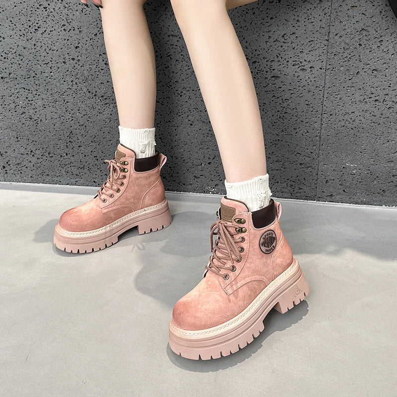 AUTUSPIN 6cm Thick Heels Women Motorcycle Boots Winter Autumn Female Fashion Cross-tied Genuine Leather Shoes Short Ankle Boot