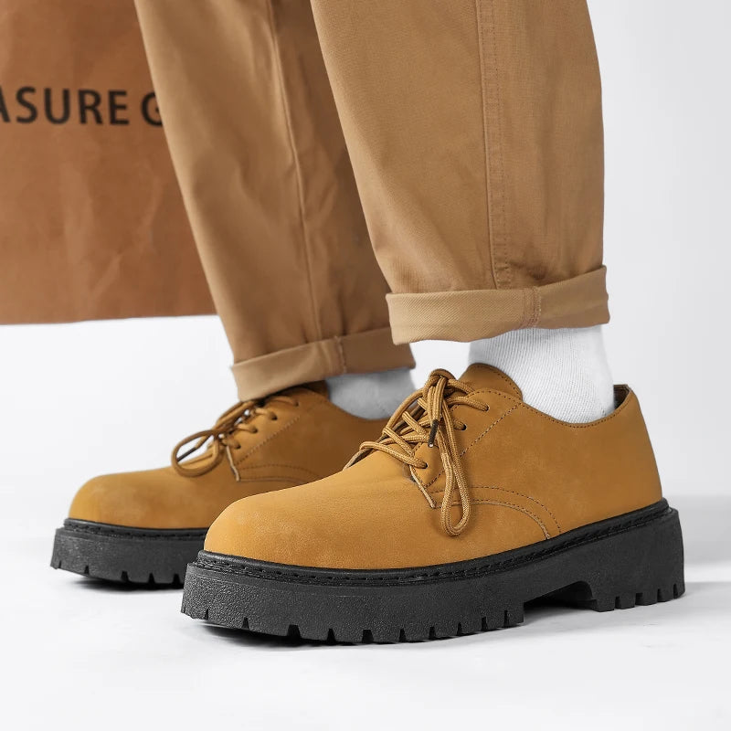 STRONGSHEN Men Casual Shoes Thick Soled Leather Shoes Men Round Toe Yellow New Fashion Elegant Non-slip Lace up Leather Shoes