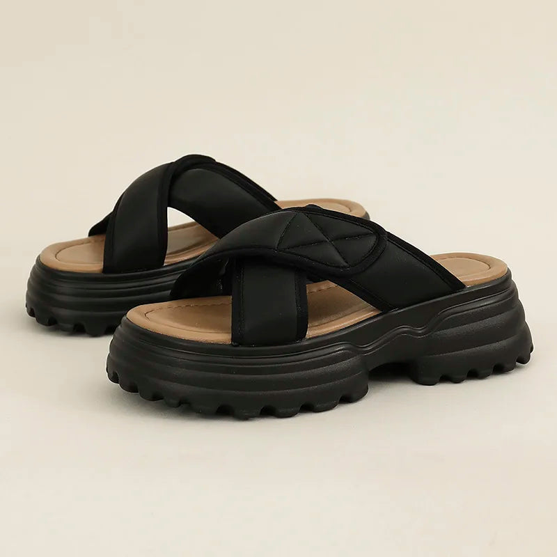 AUTUSPIN 4cm Women Flat Heels Women Shoes Summer Cosy Slippers Outdoor Beach Basic Microfiber Leather Female Slides Shoes Woman