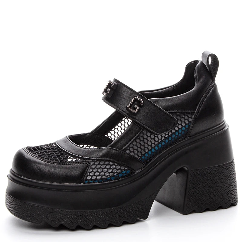 AUTUSPIN New Arrival Women Mary Janes Pumps Summer Round Toe Leather Mesh High Platform Shoes Female Sweet Crystal Block Heels