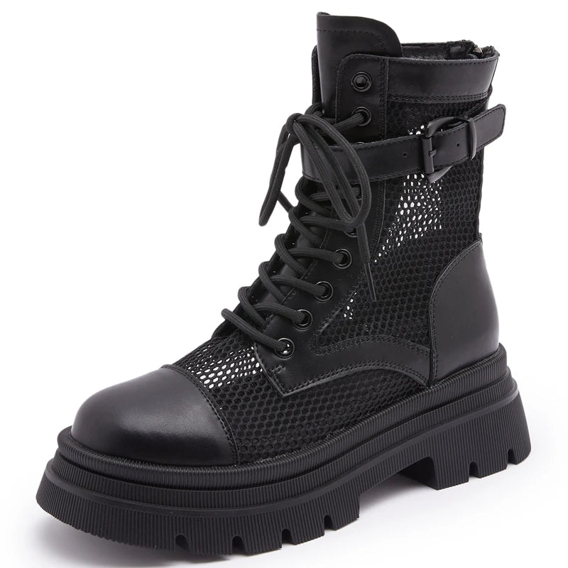 AUTUSPIN 35-40 Women Summer Mesh Ankle Boots Genuine Leather Flats Platform Ladies Short Booties Streetlish Woman Comfy Shoes