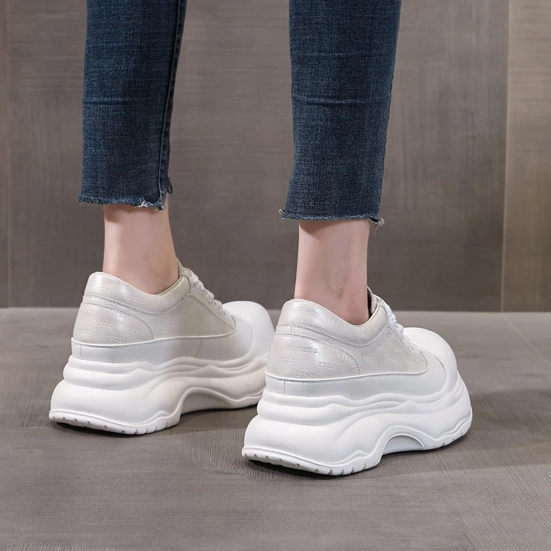 AUTUSPIN 7cm Fashion Shoes for Women 2025 Spring Summer Soft Leather Wide Toe Sneakers Leisure Woman Footwear Outdoor Casual