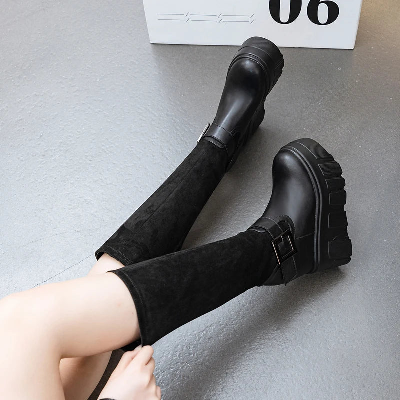 AUTUSPIN 9cm High Wedges Heeled Ankle Boots Women Fashion Long Knee-high Boots Female Wedding Party Sexy Black Warm Shoes Winter
