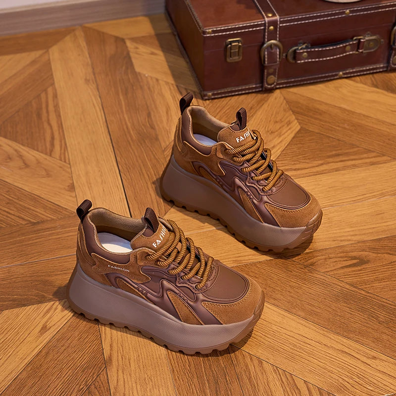 AUTUSPIN 7cm Women Retro Winter Shoes Oudoor Leisure Walking Warm Women's Vulcanize Shoes Ladies Brown Casual platform Sneakers