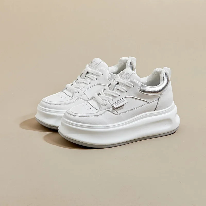 Fujin 6.5cm Cow Genuine Leather Comfy Breathable Sneakers Vulcanized Chunky Hidden Heel Block Skate Board Platform Wedge Shoes