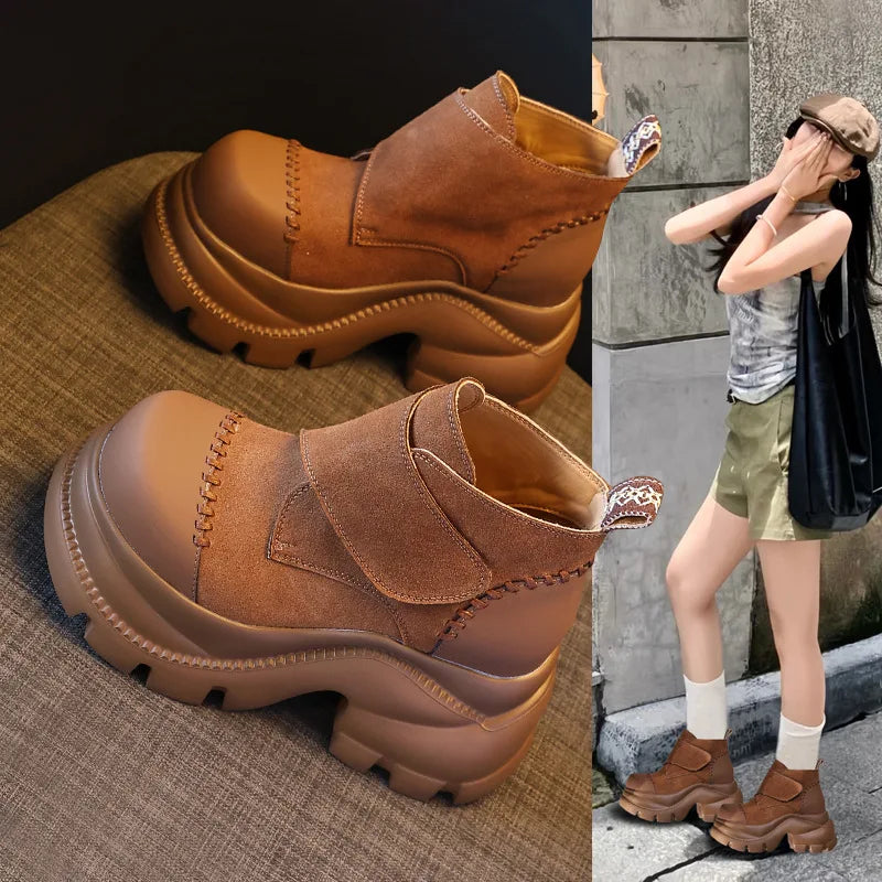 Fujin 9cm Genuine Leather Women Ankle Boots Chunky Heel Platform Booties Spring Autumn Shoes Comfortable Non Slip Fashion Boots