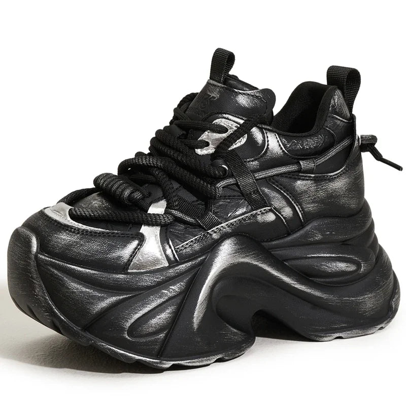 AUTUSPIN Winter Women High Heels Platforms Chunky Sneakers Leather Quality Sports Vulcanize Shoes Female Retro Lace-up Footwear