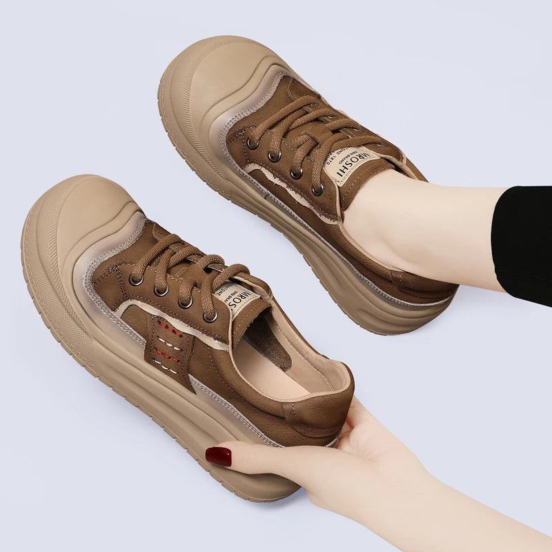 AUTUSPIN 4cm Chunky Flats Women Vulcanize Shoes Retro Leisure Genuine Cow Leather Skateboard Shoes Student Sport Sneakers Winter