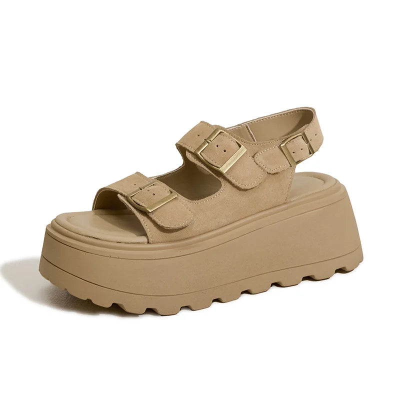 Fujin 7cm 2025 Suede Leather High Brand Platform Wedge Flats Summer Chunky Sneaker Sandals Comfy Peep Toe Fashion Shoes Women