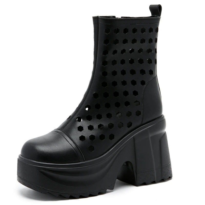 Autuspin 10cm Women Summer Short Boot Fashion Hollow Genuine Leather Thick High Heels Ladies Round Toe Ankle Boots Shoes Woman