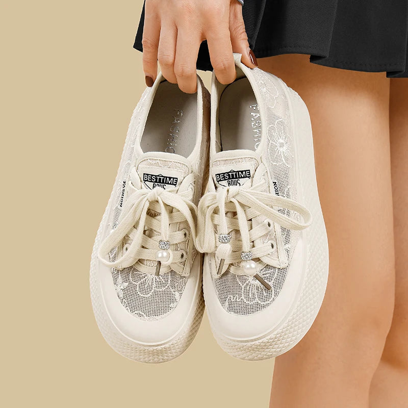AUTUSPIN 4cm Breathable Lace Mesh Women's Shoes Summer New Arrival Platform Chunky Canvas Shoe Students Casual Sneakers 2024