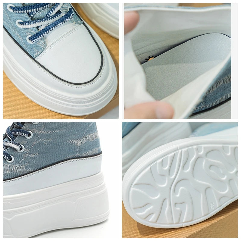 Fujin 8cm Denim Genuine Leather Women Fashion Lace Up Spring Ankle Boots Platform Wedge Lady Autumn Fashion Zip High Brand Shoes