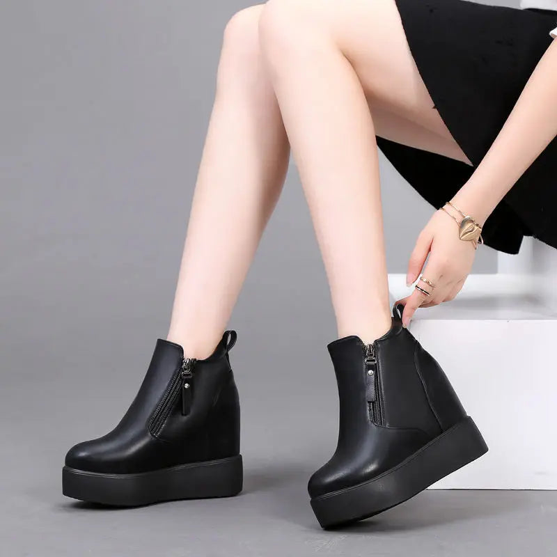 Fujin 11cm Platform Wedge Hidden Heel Women Ankle Boots Flock Leather Warm Female Wedge Shoes Zipper Winter Shoes Sneakers 2024