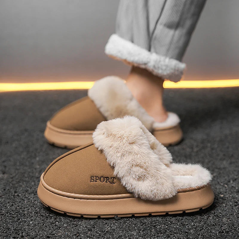 STRONGSHEN Men Fluffy Slippers Thick Sole Winter Warm Shoes For Couples Soft Fur Keep Warm Female Outdoor Fur Fuzzy Flat Shoes