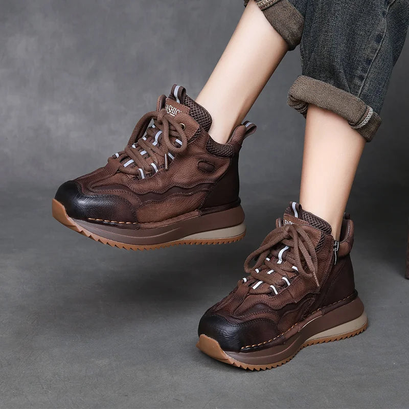 DRKANOL Women Mixed Colors Genuine Leather Casual Sneakers Lace-Up Retro High Top Platform Shoes Ladies Thick Sole Ankle Boots