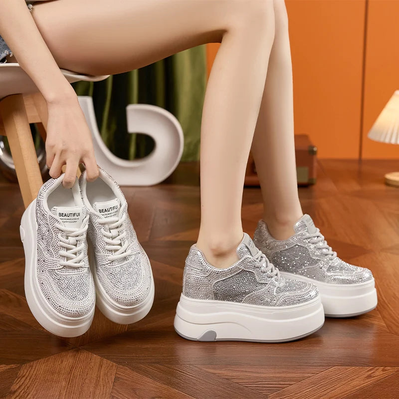 AUTUSPIN 10cm Women White Shoes Full Rhinestones Ladies Shiny Casual Shoes Fashion High Platform Wedges Chunky Sneakers Casual