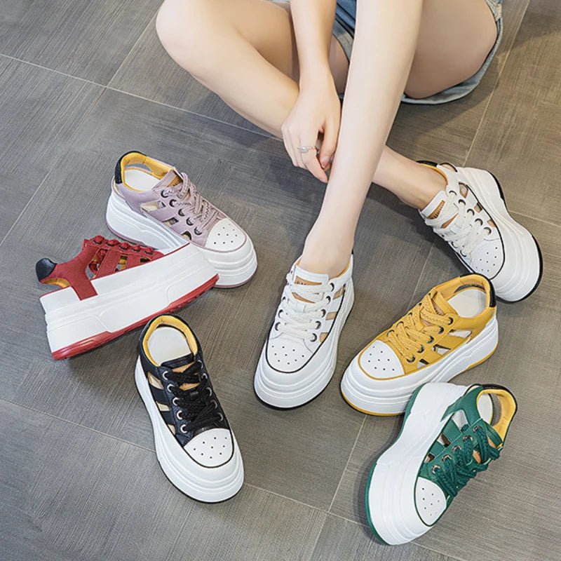 Autuspin Summer Sport Sandals Women Fashion Genuine Leather Hollow Out Vulcanized Shoes Ladies Rome Style High Platform Sneakers