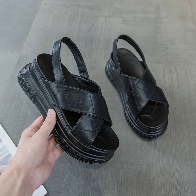 AUTUSPIN Size 33-40 Women's Sandals Summer Fashion Flats Platform Ladies Shoes New Synthetic Leather High Heels Rome Style 7cm