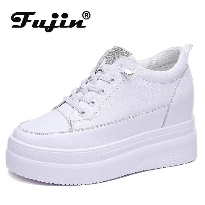 Fujin Women Shoes Chunky Sneakers Air Mesh Hollow Out Genuine Leather White Wedge Shoes Platform Heel Pumps Mujer Bombas