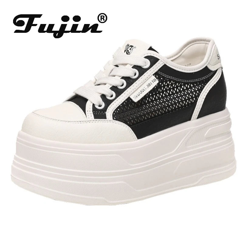 Fujin 9cm Air Mesh Chunky Sneaker Shoes Leather Slippers Slides Mules Shoes Summer Platform Wedge Flats Women Women Microfiber