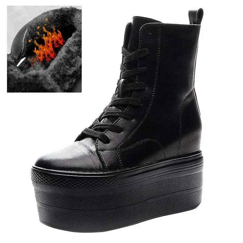 Fujin Genuine Leather 10cm Super Thick Sole Platform Wedge Hidden Heel Boots Shoes Zipper Winter Boots Ankle Warm Booties 2024