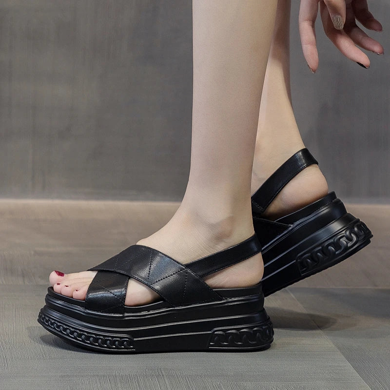 AUTUSPIN Size 33-40 Women's Sandals Summer Fashion Flats Platform Ladies Shoes New Synthetic Leather High Heels Rome Style 7cm